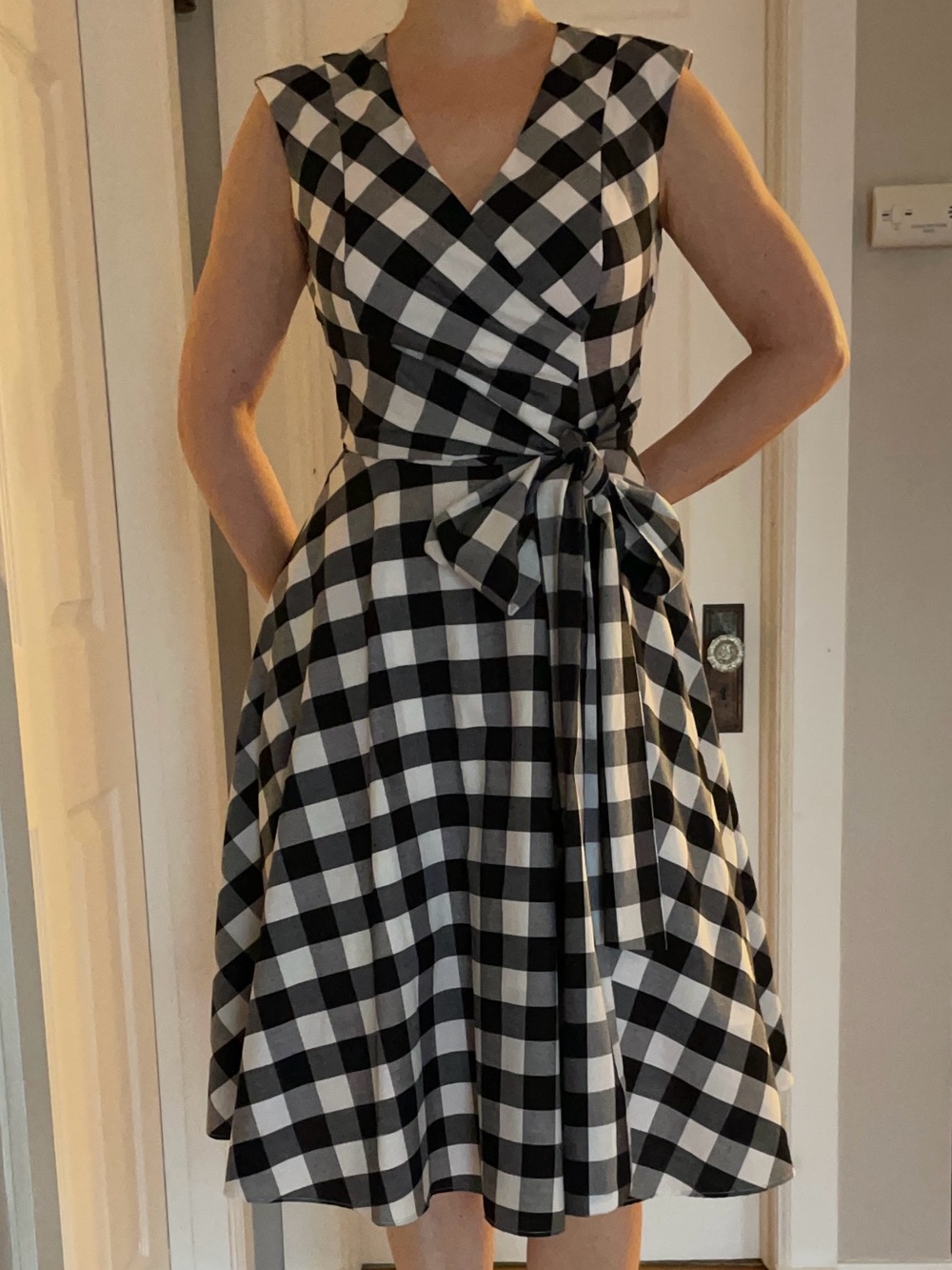 Calvin Klein black and white buffalo check gingham wrap dress, xs